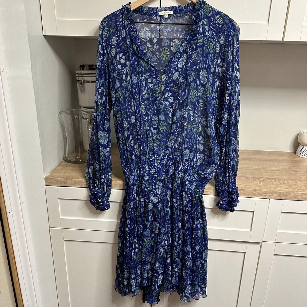Poupette St Barth 100% Silk Mini Dress US M Sheer Smocked Long Sleeve Romantic